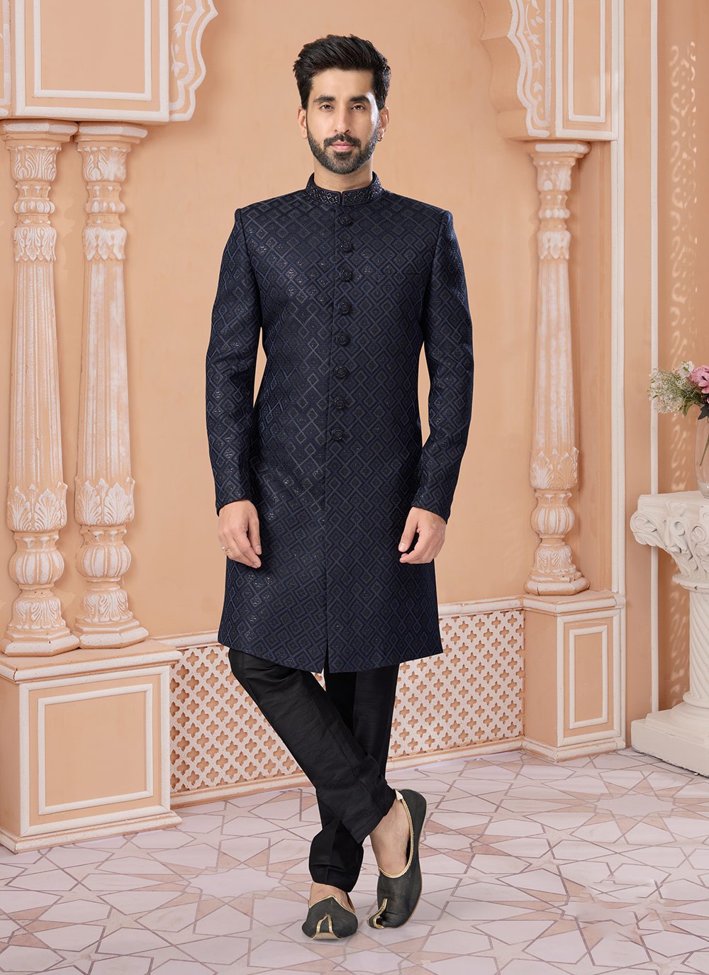 Embroidered Jacquard Navy Blue Indo Western Sherwani - M7143
