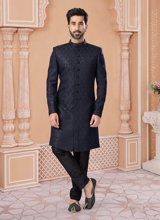 Embroidered Jacquard Navy Blue Indo Western Sherwani - M7143