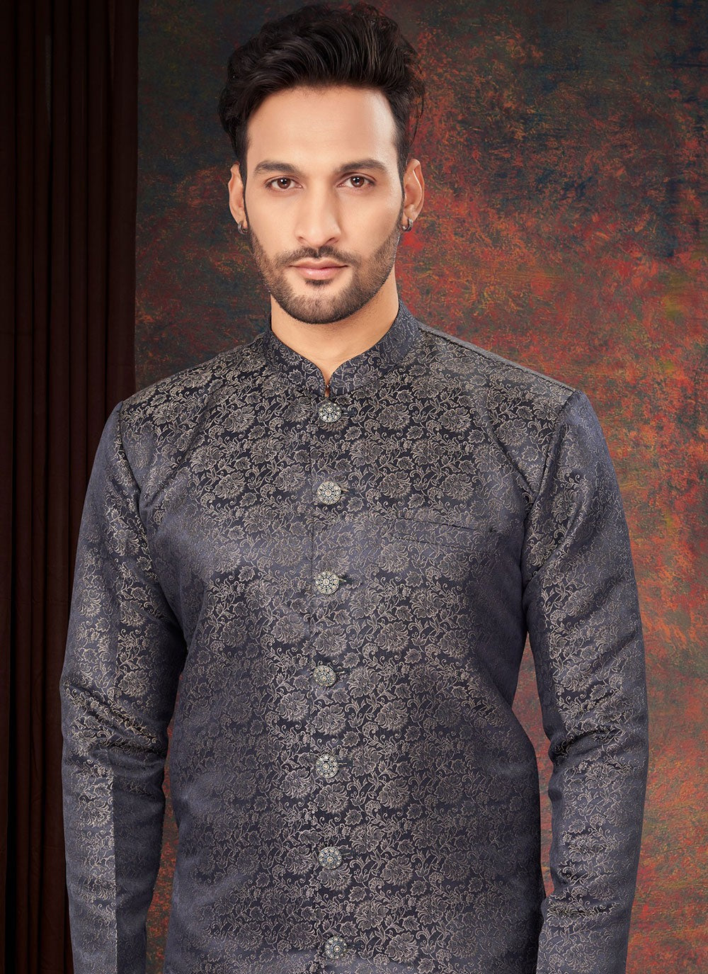 Fancy Work Jacquard Navy Blue Indo Western - M7207