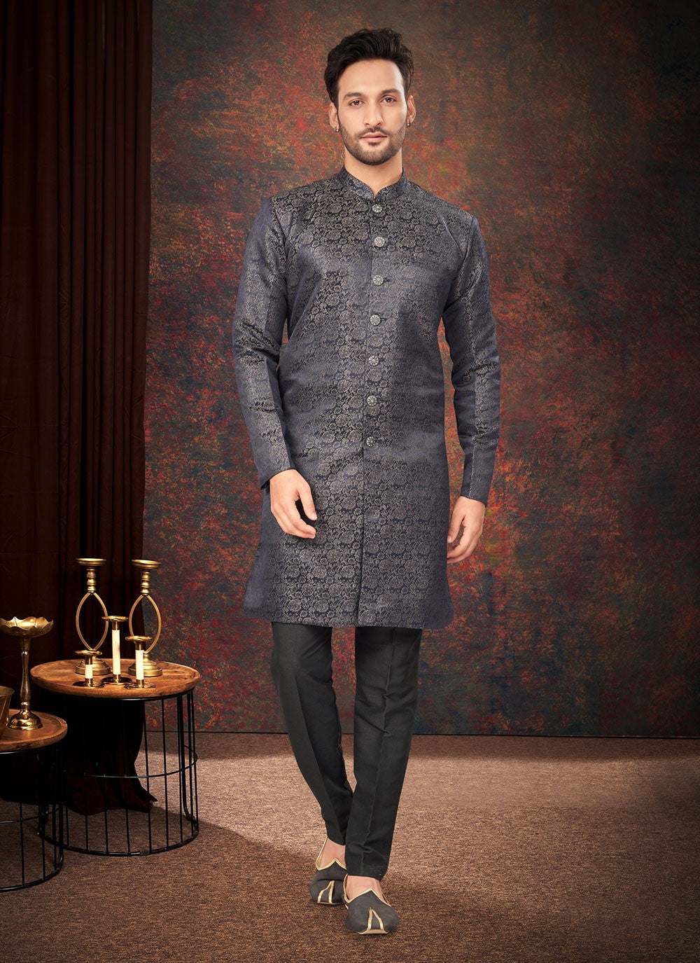 Fancy Work Jacquard Navy Blue Indo Western - M7207