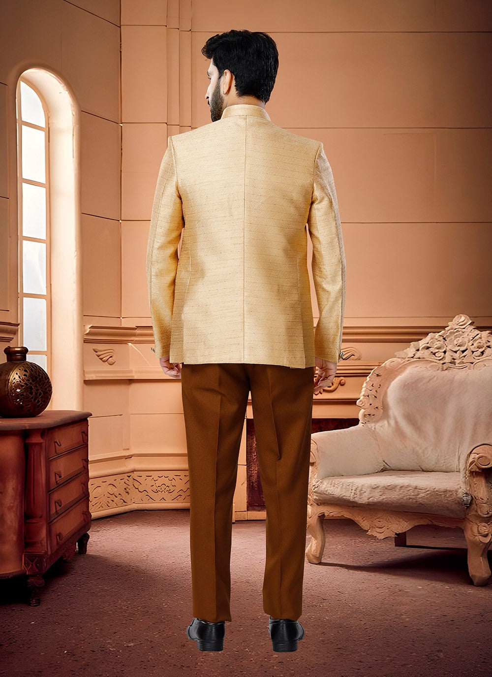 Buttons Jacquard Beige Jodhpuri Suit - M4346