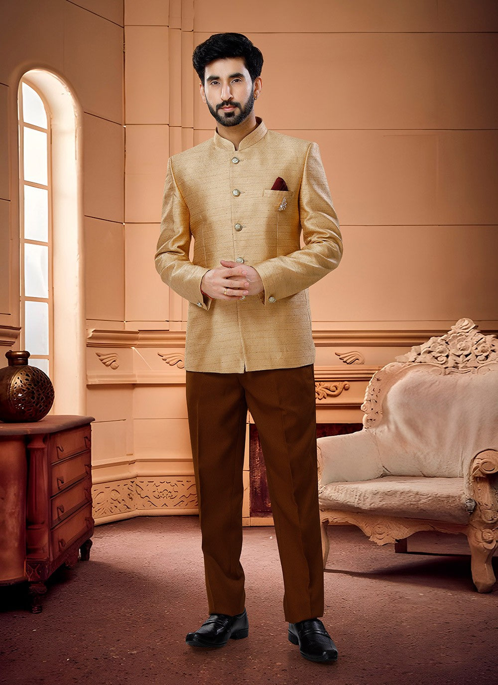Buttons Jacquard Beige Jodhpuri Suit - M4346