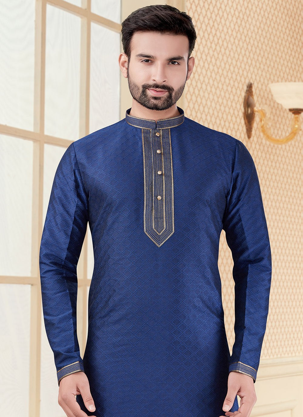 Embroidered Jacquard Navy Blue Kurta - M5603