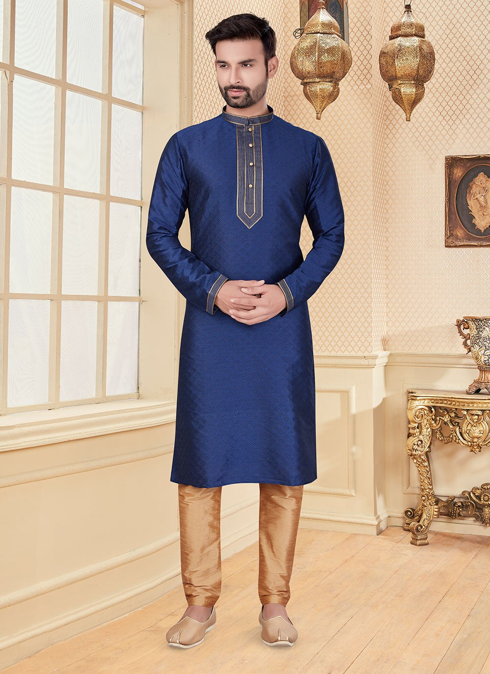 Embroidered Jacquard Navy Blue Kurta - M5603