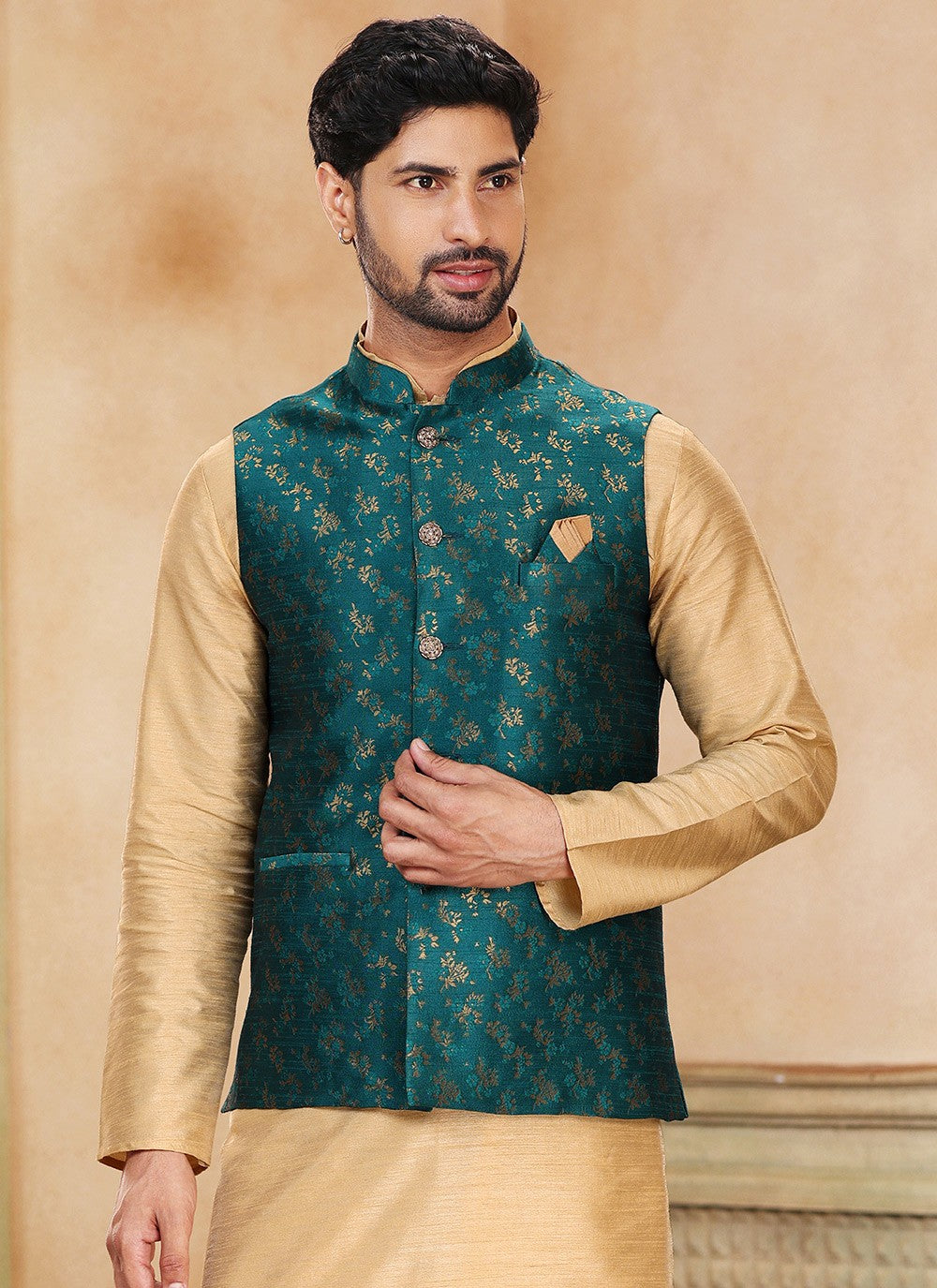 Fancy Work Banarasi Silk, Jacquard Beige, Green Kurta Payjama With Jacket - M5369