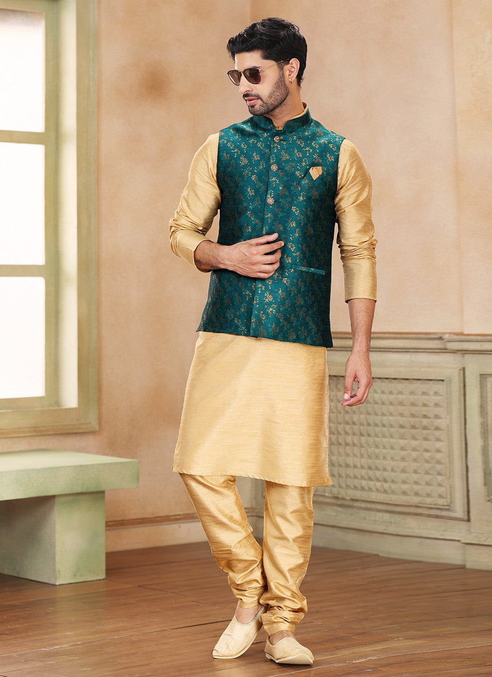 Fancy Work Banarasi Silk, Jacquard Beige, Green Kurta Payjama With Jacket - M5369