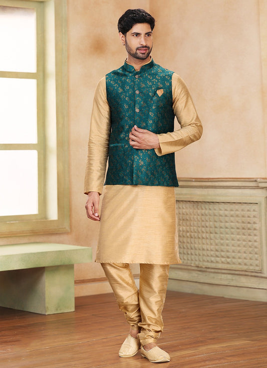 Fancy Work Banarasi Silk, Jacquard Beige, Green Kurta Payjama With Jacket - M5369