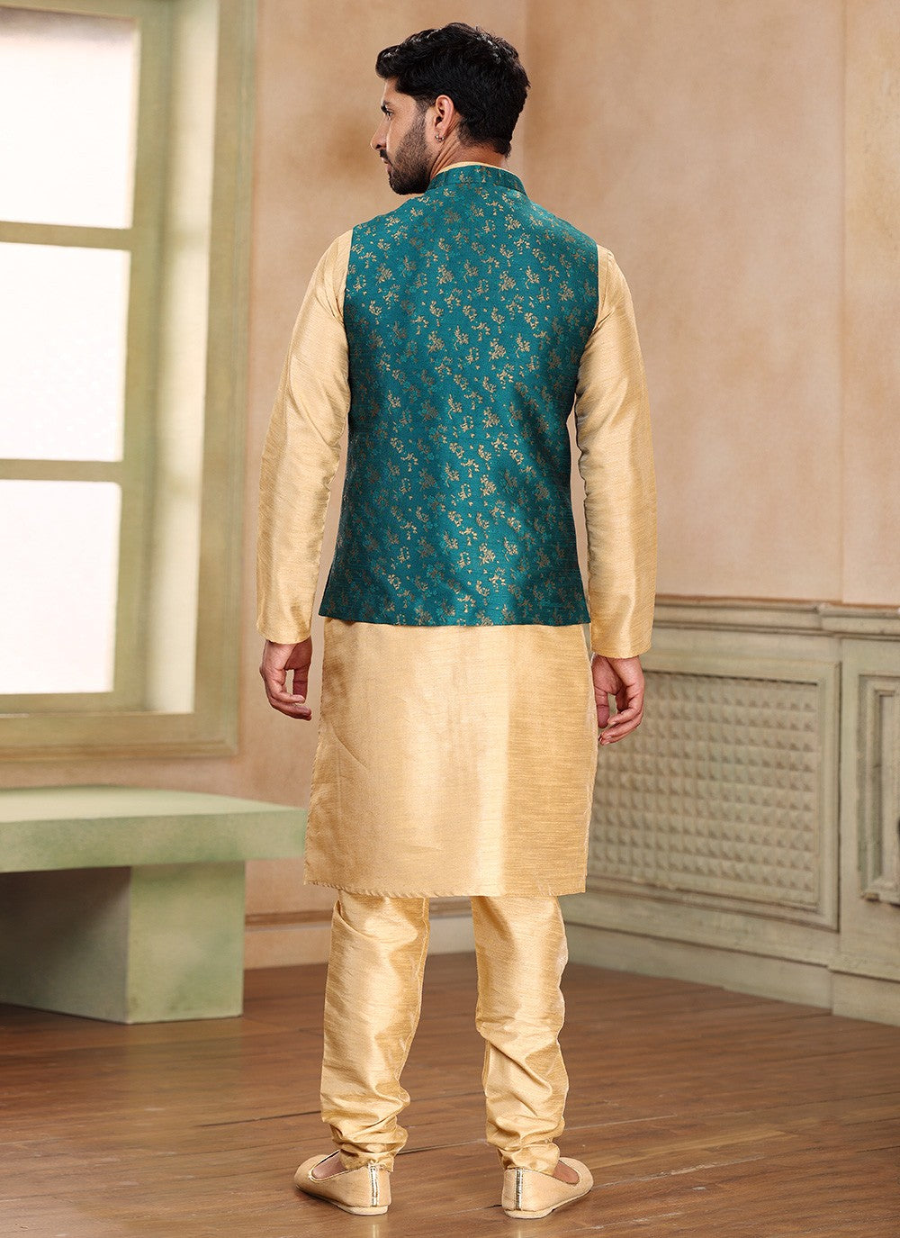 Fancy Work Banarasi Silk, Jacquard Beige, Green Kurta Payjama With Jacket - M5369