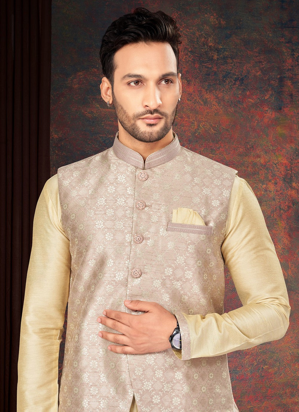 Fancy Work Jacquard Cream, Mauve Kurta Payjama With Jacket - M7182