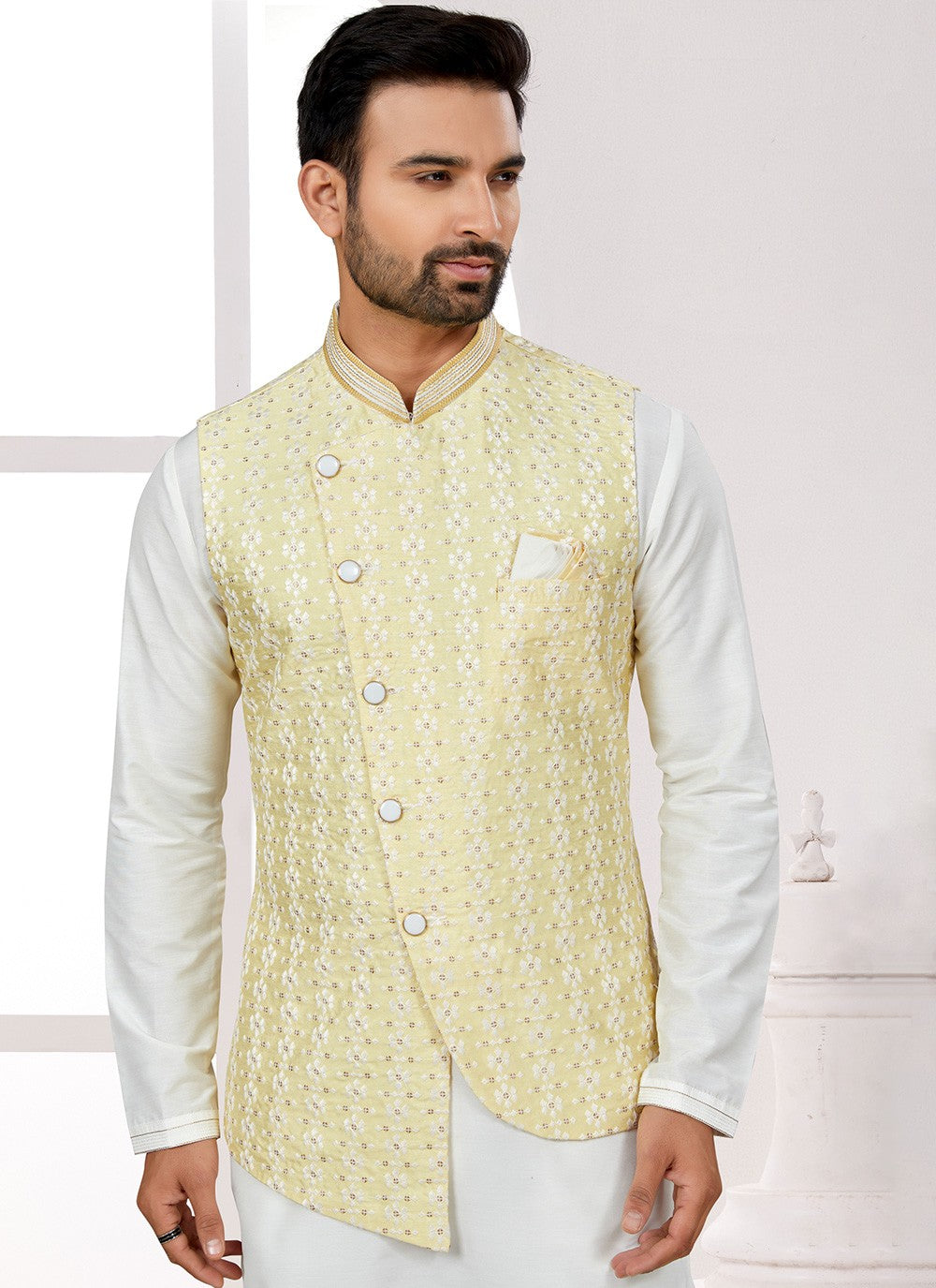 Thread Jacquard Off White, Yellow Kurta Payjama With Jacket - M6704