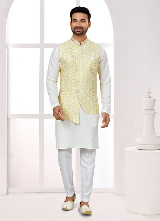 Thread Jacquard Off White, Yellow Kurta Payjama With Jacket - M6704