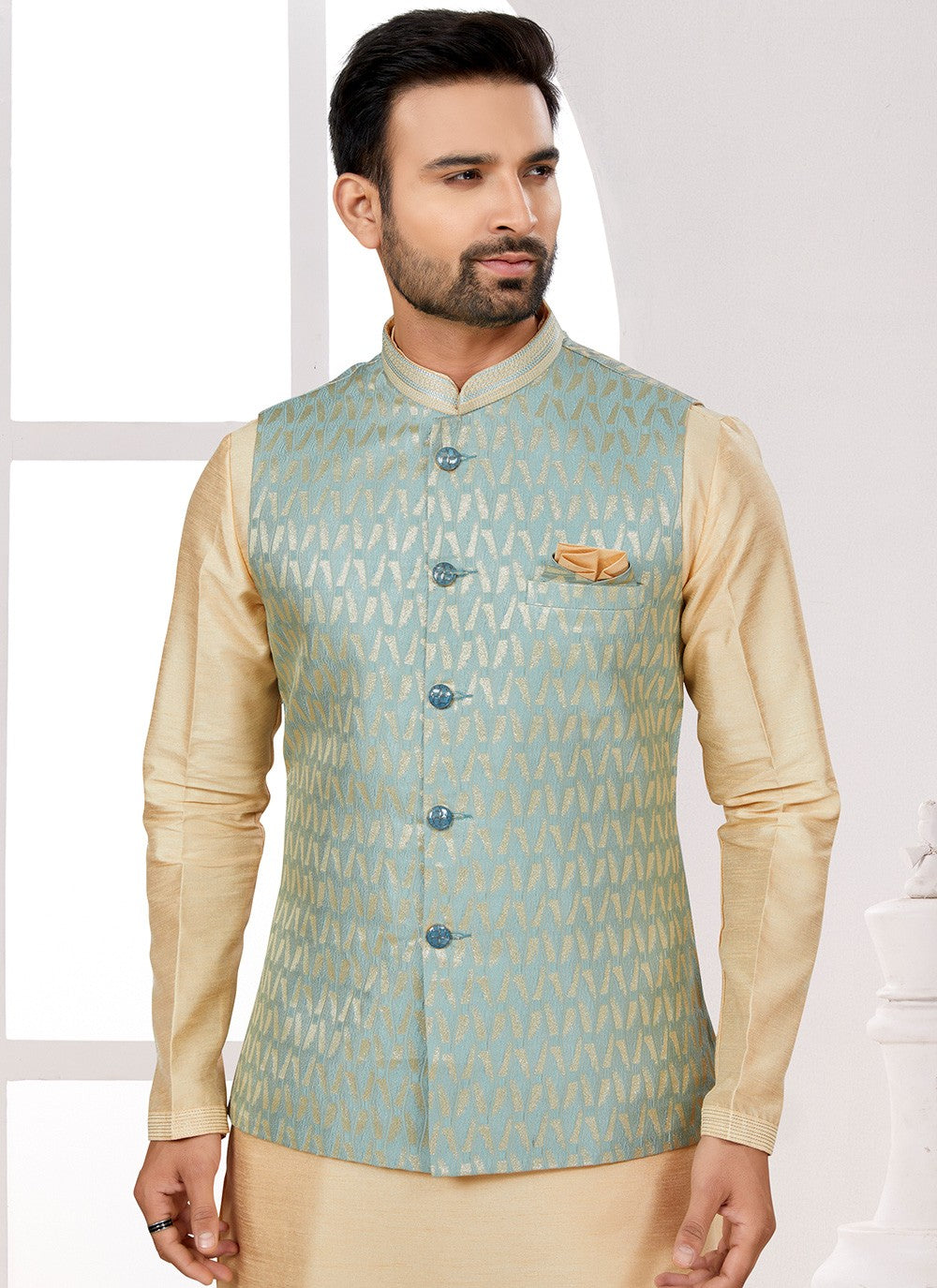 Thread Jacquard Sea Green Kurta Payjama With Jacket - M6706