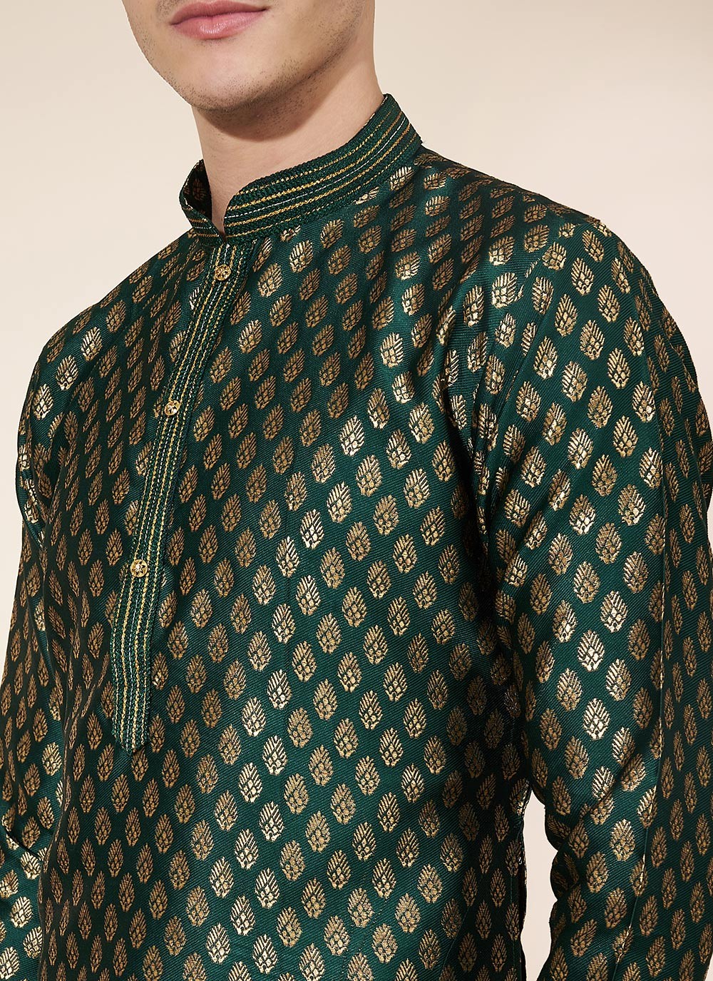 Pintex Jacquard Green Kurta Pyjama - M8038