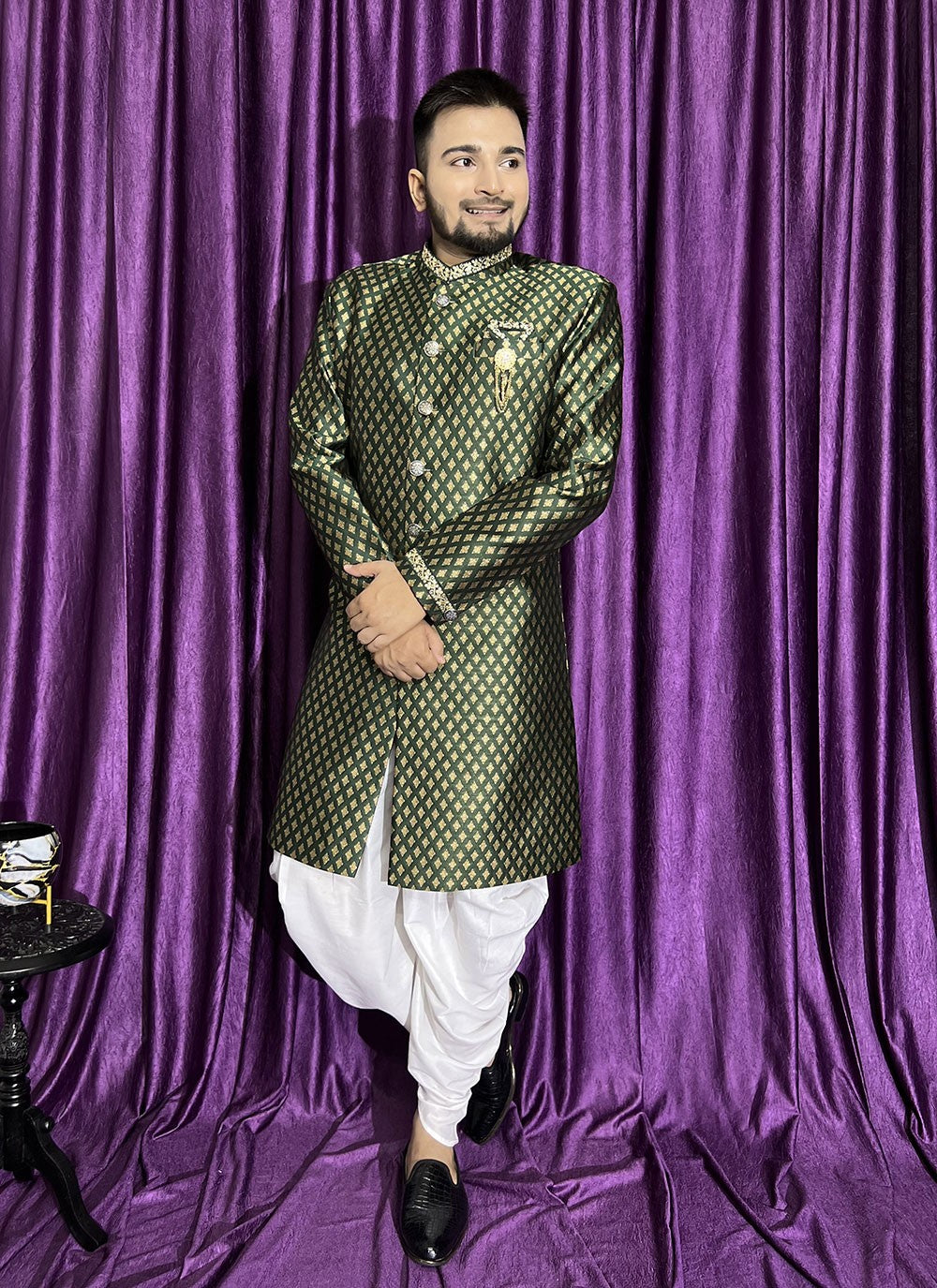 Fancy Work Jacquard Green Indo Western - M5698