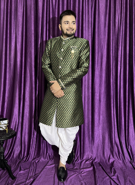 Fancy Work Jacquard Green Indo Western - M5698