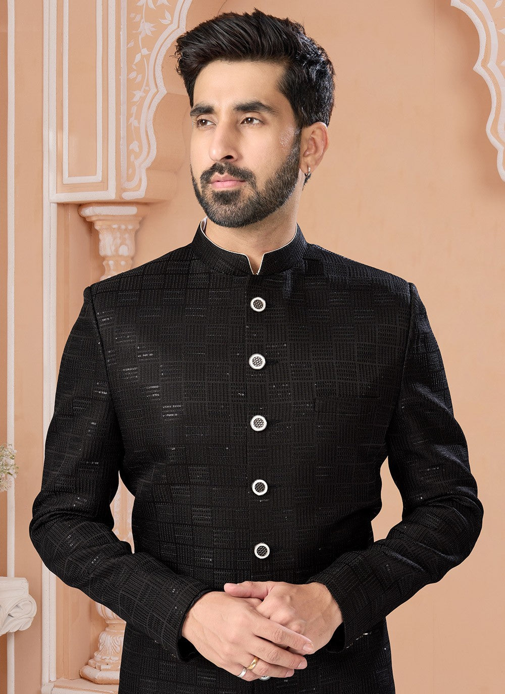 Machine Embroidery Jacquard Black Indo Western Sherwani - M7133