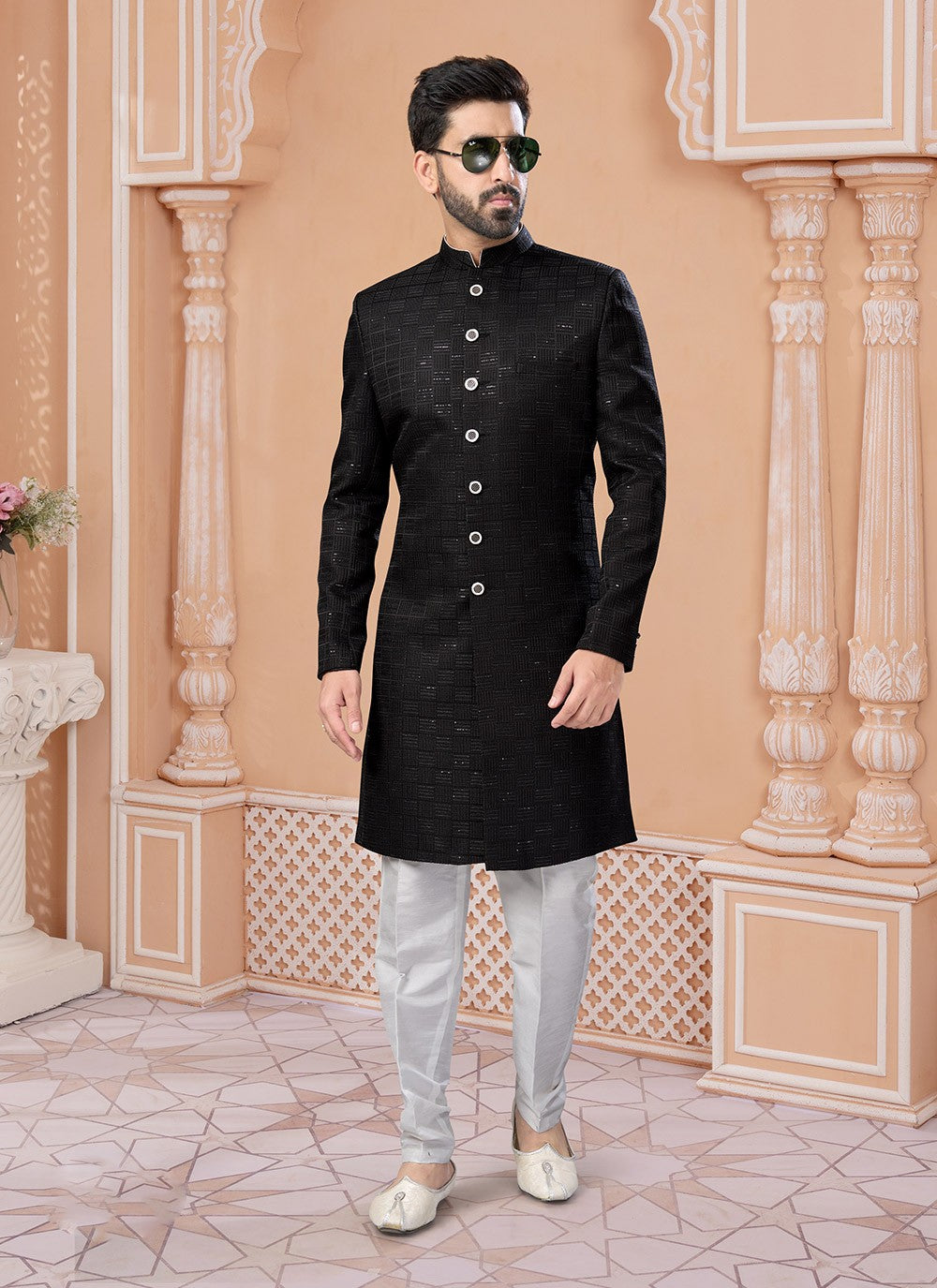 Machine Embroidery Jacquard Black Indo Western Sherwani - M7133