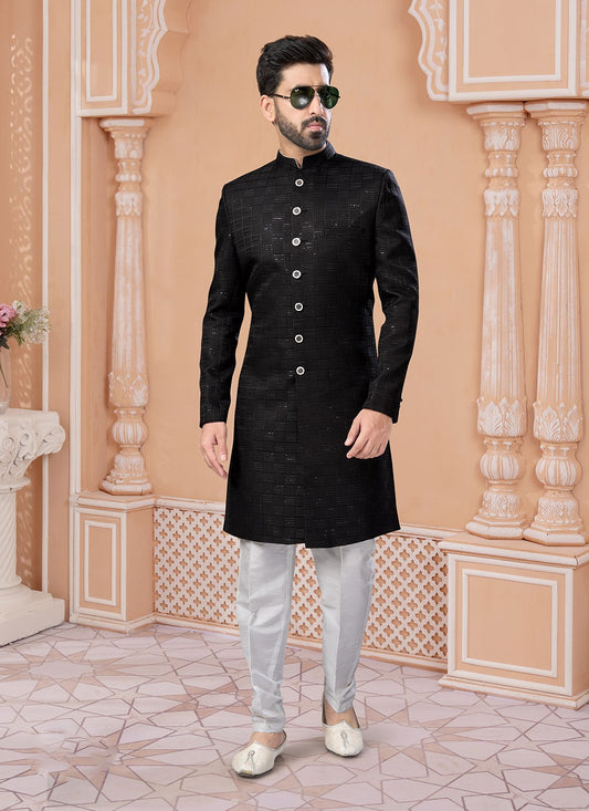 Machine Embroidery Jacquard Black Indo Western Sherwani - M7133
