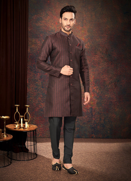 Fancy Work Jacquard Maroon Indo Western - M7193