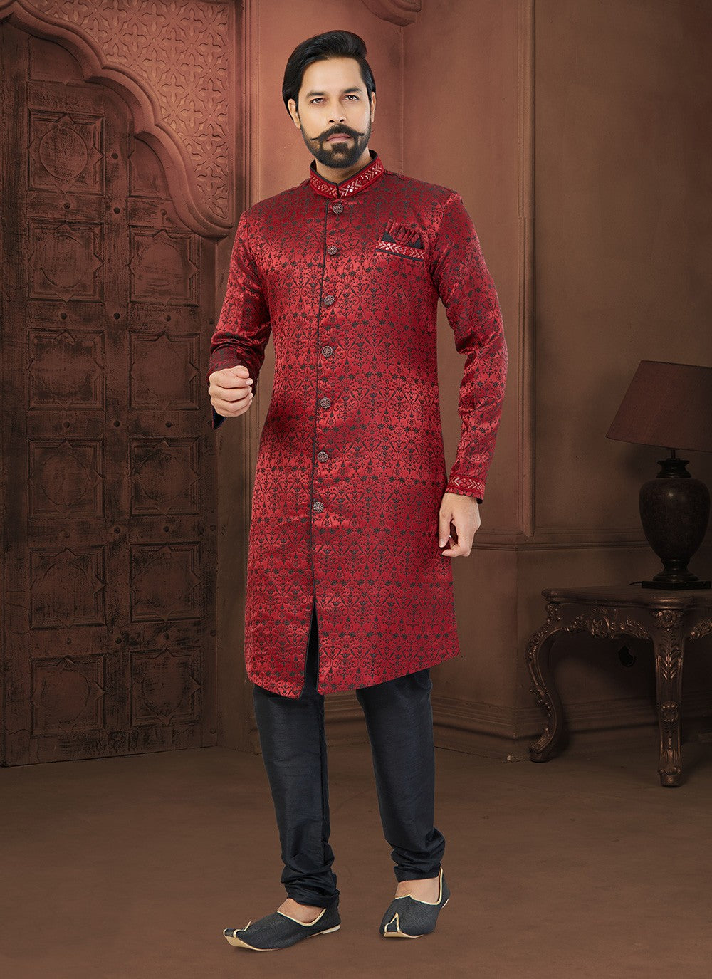 Fancy Work Jacquard Maroon Indo Western Sherwani - M5805