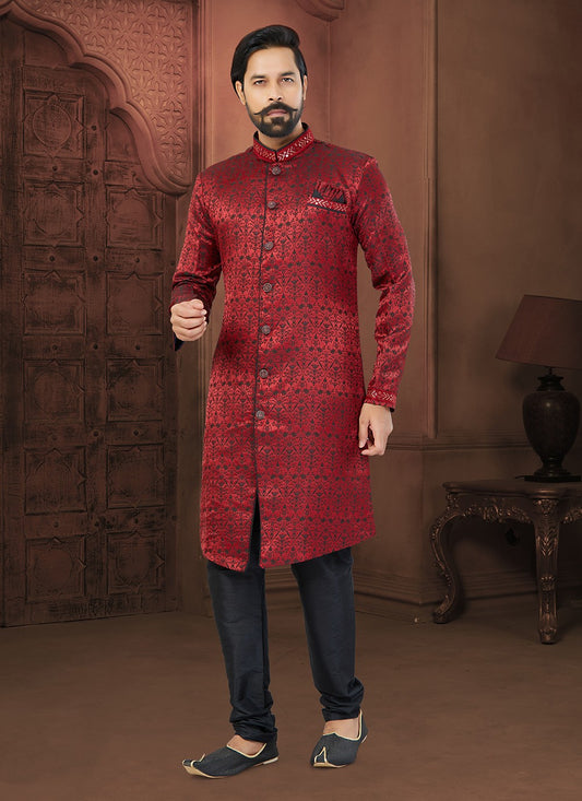 Fancy Work Jacquard Maroon Indo Western Sherwani - M5805