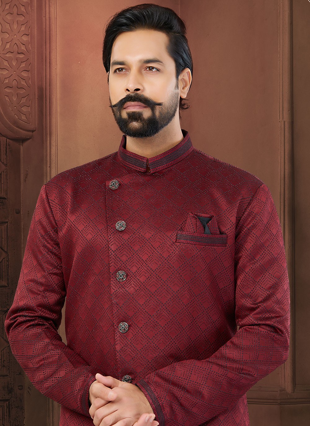 Fancy Work Jacquard Maroon Indo Western Sherwani - M5809