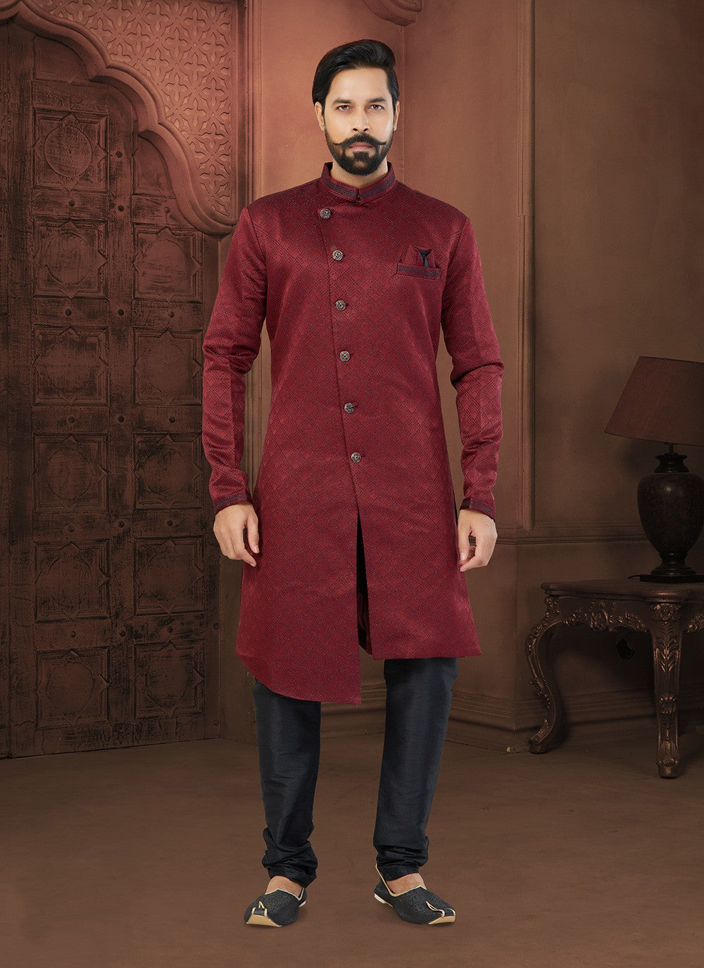 Fancy Work Jacquard Maroon Indo Western Sherwani - M5809