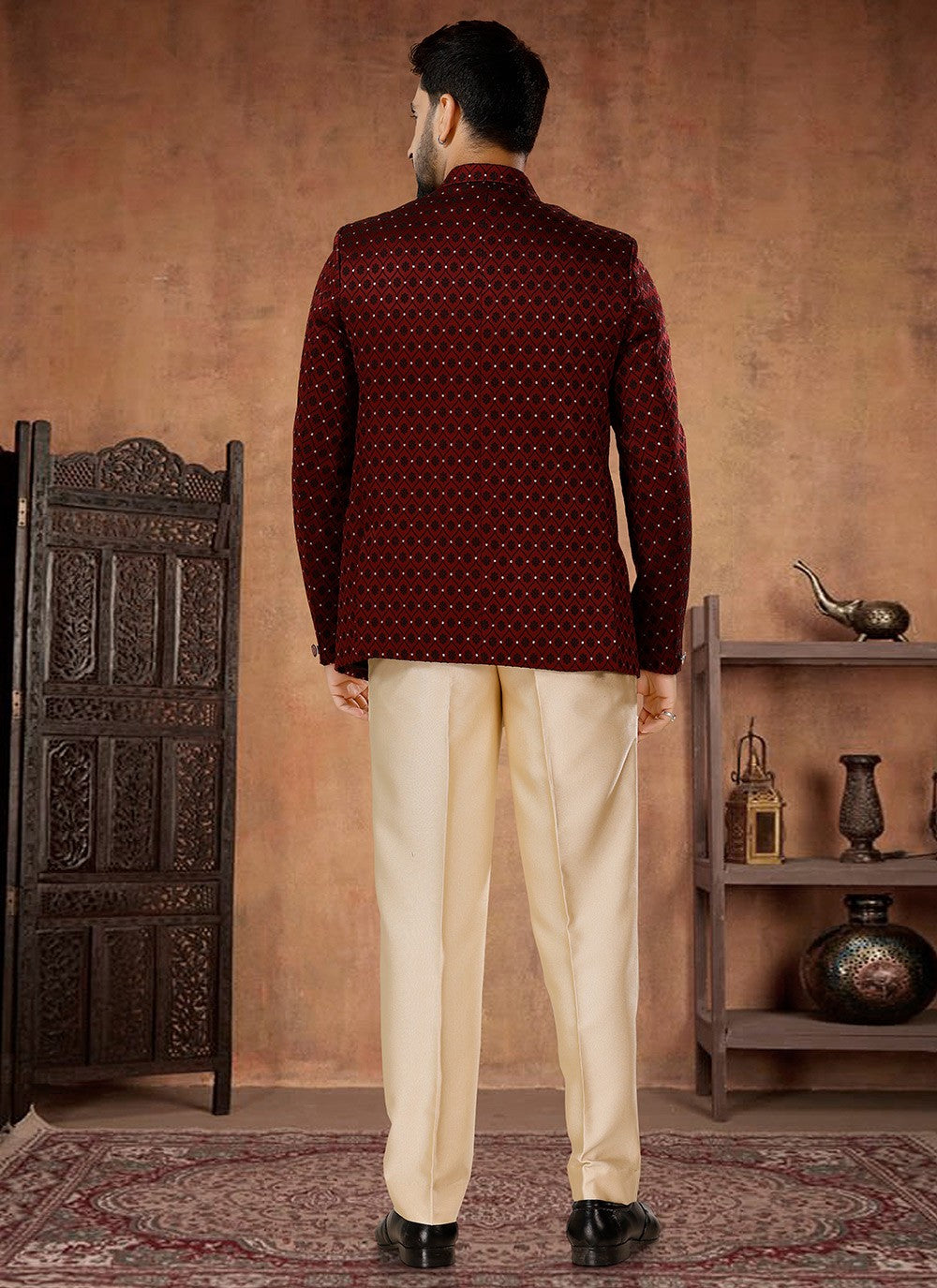 Fancy Work Jacquard Maroon Jodhpuri Suit - M7065
