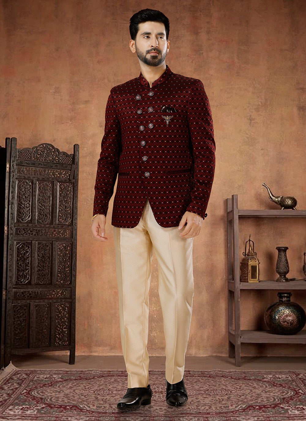 Fancy Work Jacquard Maroon Jodhpuri Suit - M7065
