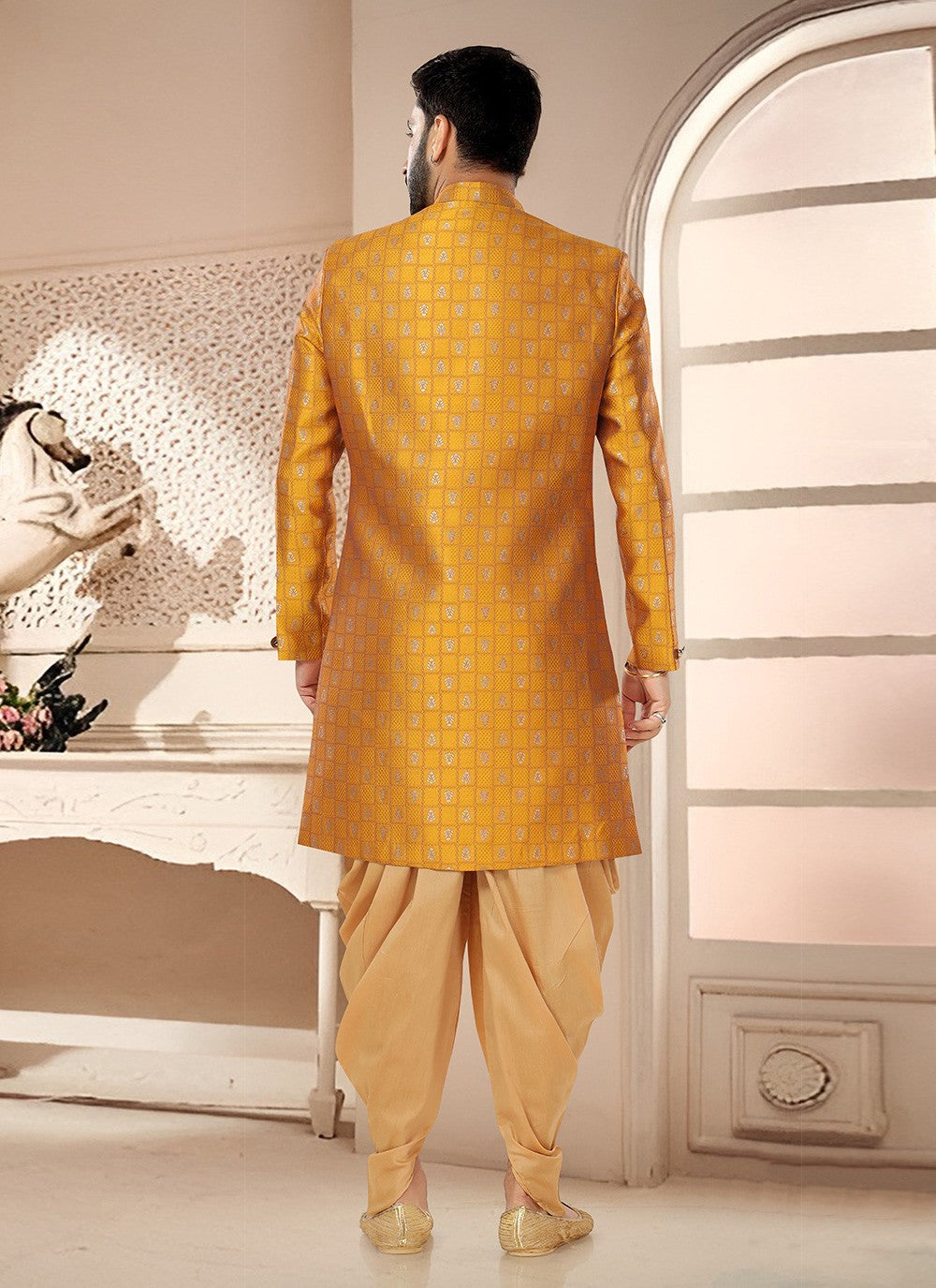 Woven Jacquard Mustard Sherwani - M7531