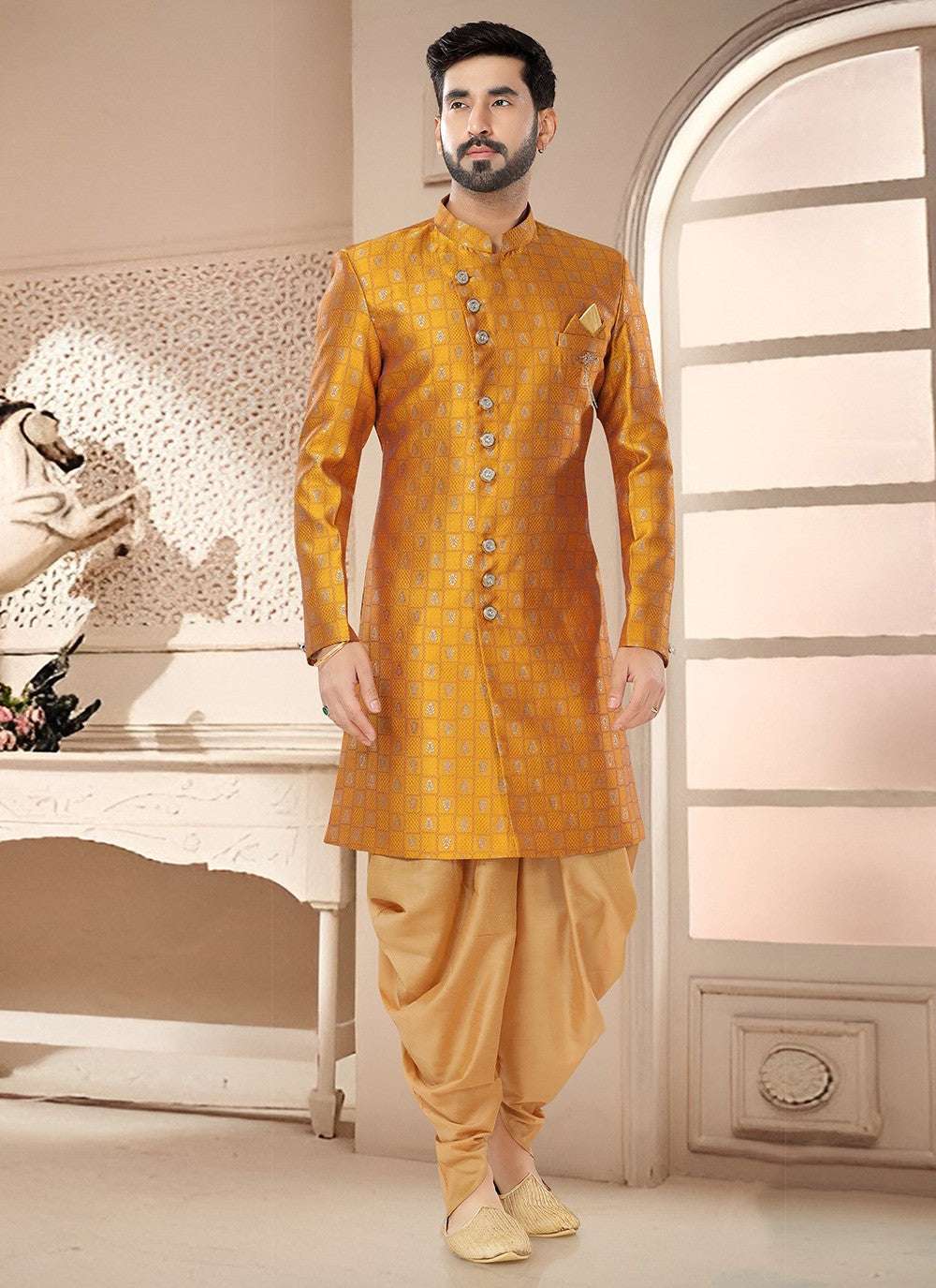 Woven Jacquard Mustard Sherwani - M7531