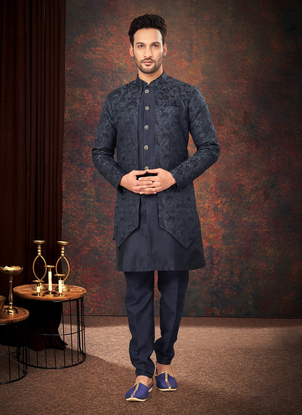 Fancy Work Jacquard Navy Blue Indo Western - M7195