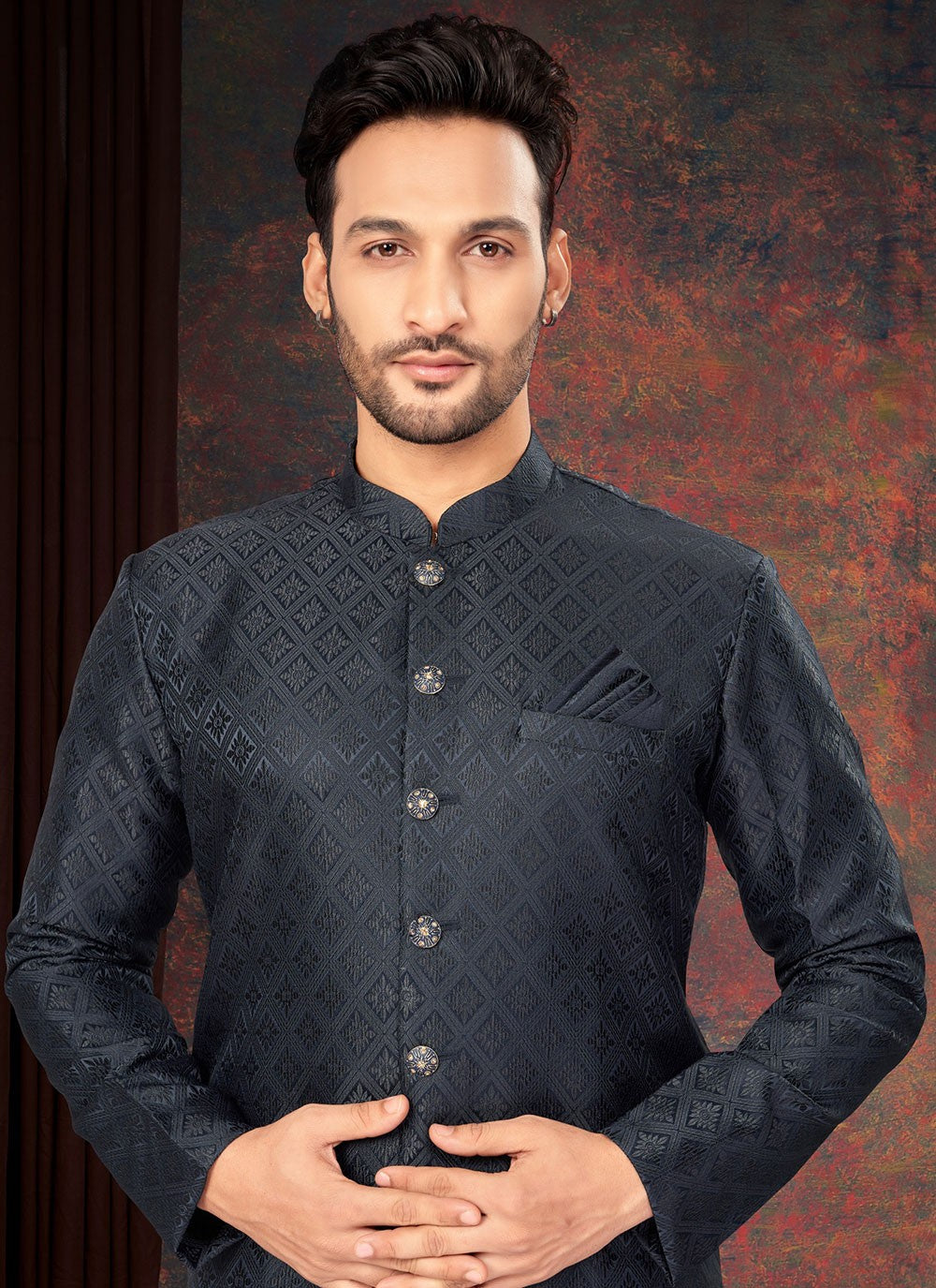 Fancy Work Jacquard Navy Blue Indo Western - M7197