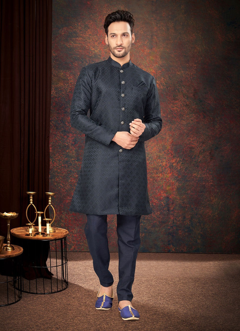 Fancy Work Jacquard Navy Blue Indo Western - M7197