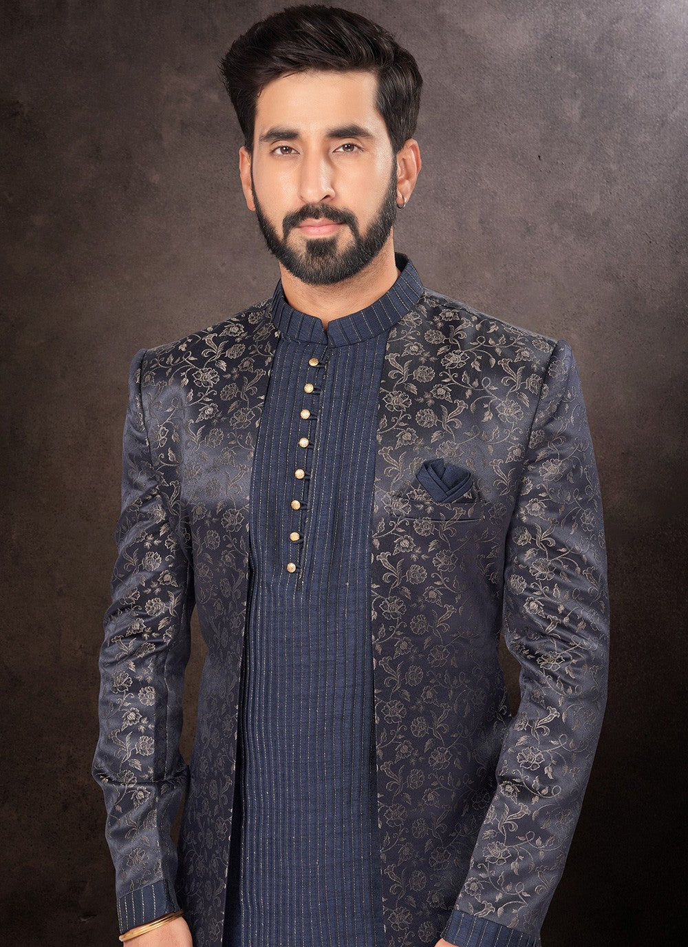 Jacquard Work Jacquard Navy Blue Indo Western - M7231