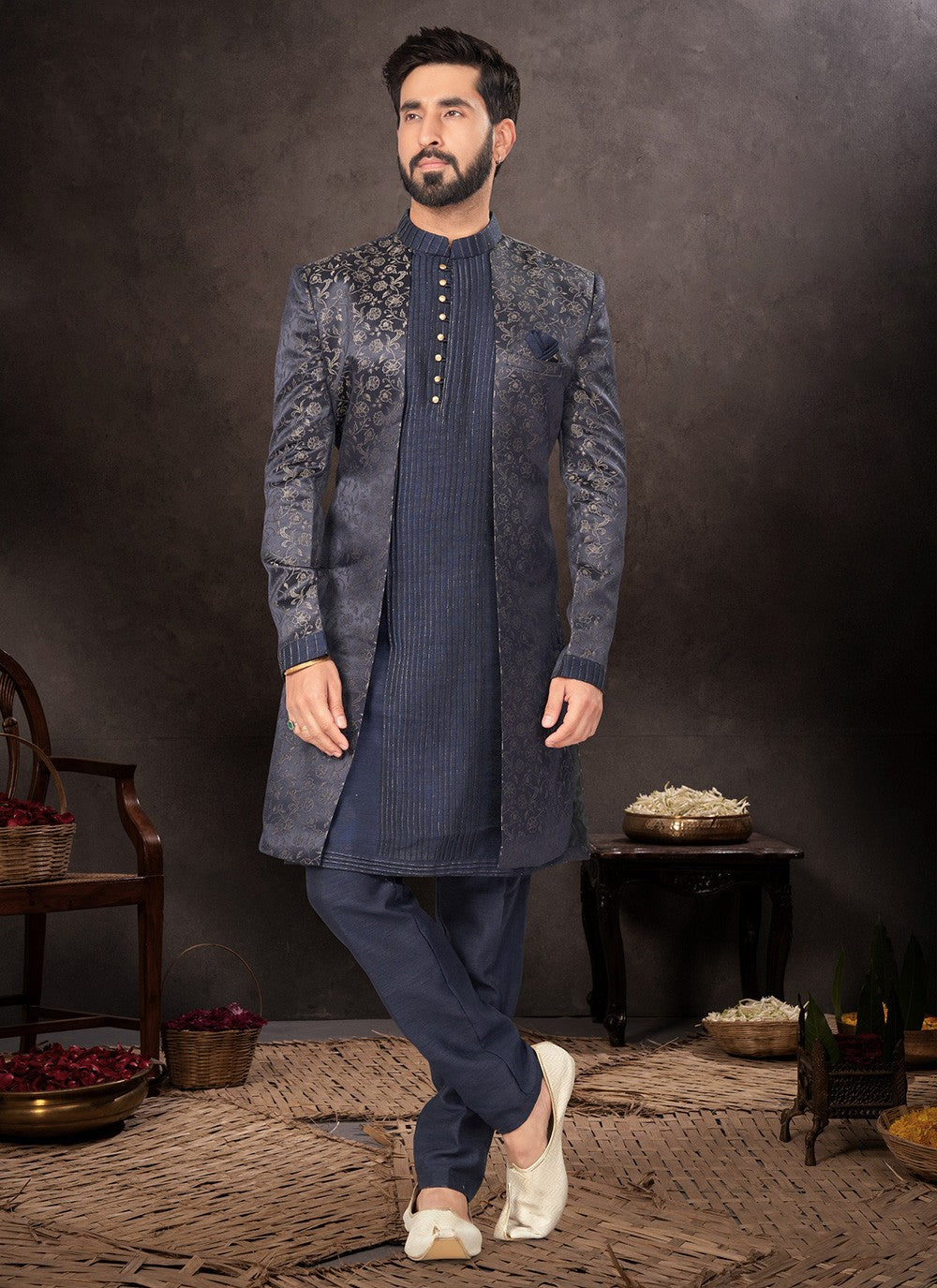 Jacquard Work Jacquard Navy Blue Indo Western - M7231