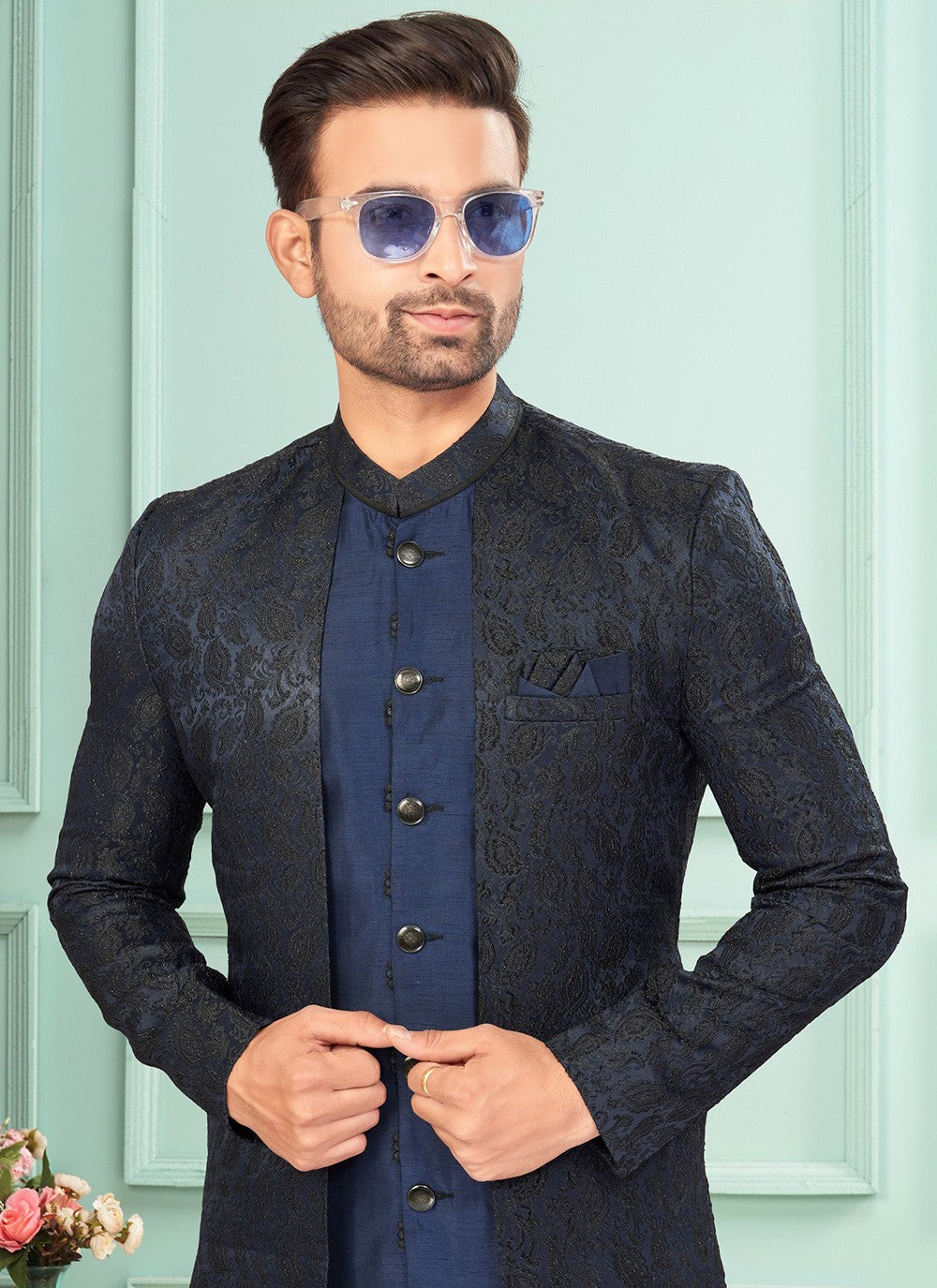 Embroidered Jacquard Navy Blue Indo Western - M7277