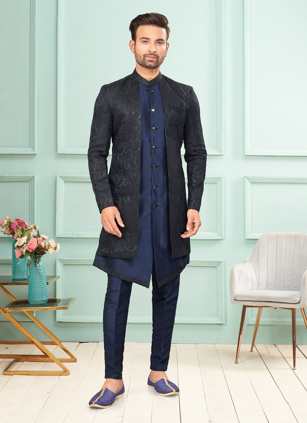 Embroidered Jacquard Navy Blue Indo Western - M7277