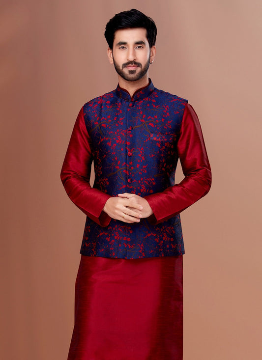 Jacquard Work Jacquard Navy Blue Nehru Jackets - M7365