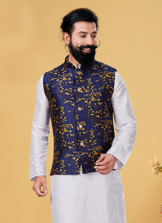 Jacquard Work Jacquard Navy Blue Nehru Jackets - M7368
