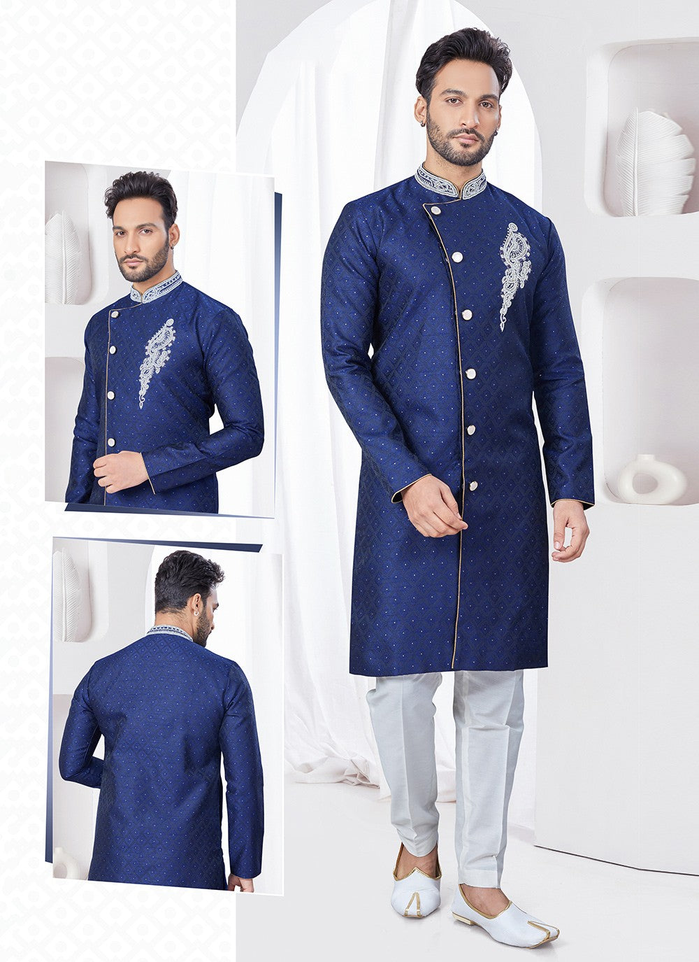 Machine Embroidery Jacquard Navy Blue Indo Western - M7689