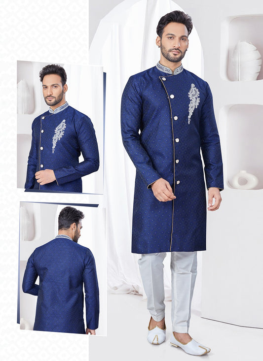 Machine Embroidery Jacquard Navy Blue Indo Western - M7689