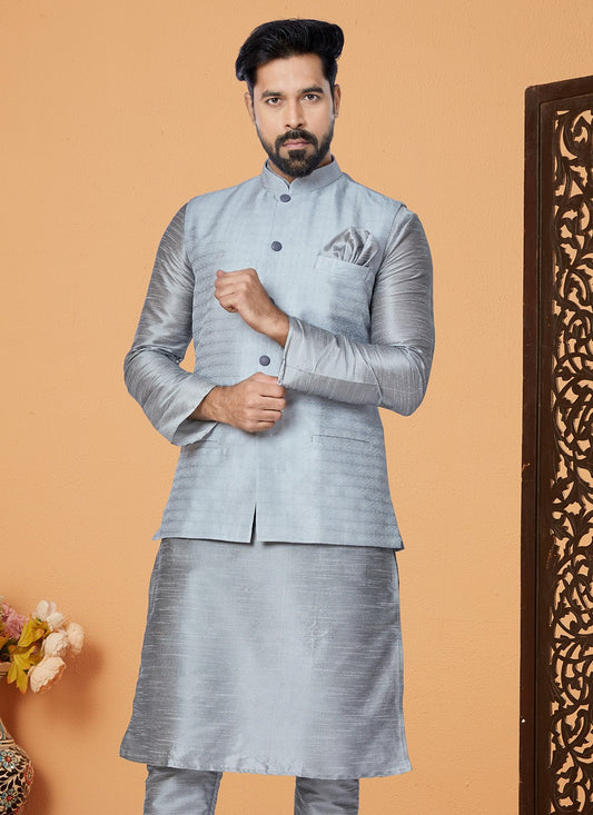 Plain Jacquard Grey Nehru Jackets - M7507