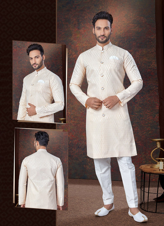 Plain Jacquard Off White Indo Western - M7674