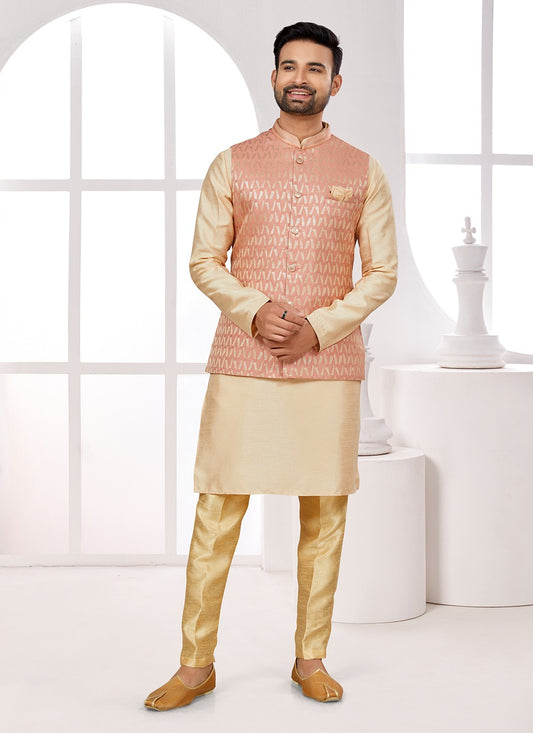 Thread Jacquard Peach Kurta Payjama With Jacket - M6705