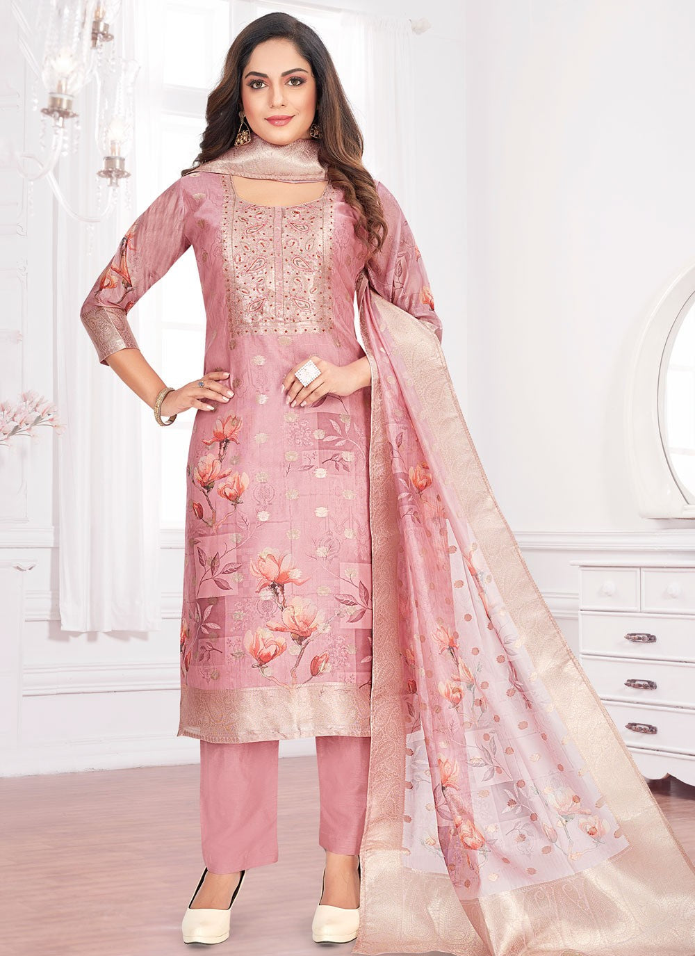 Salwar Suit Printed Pink Jacquard T5758