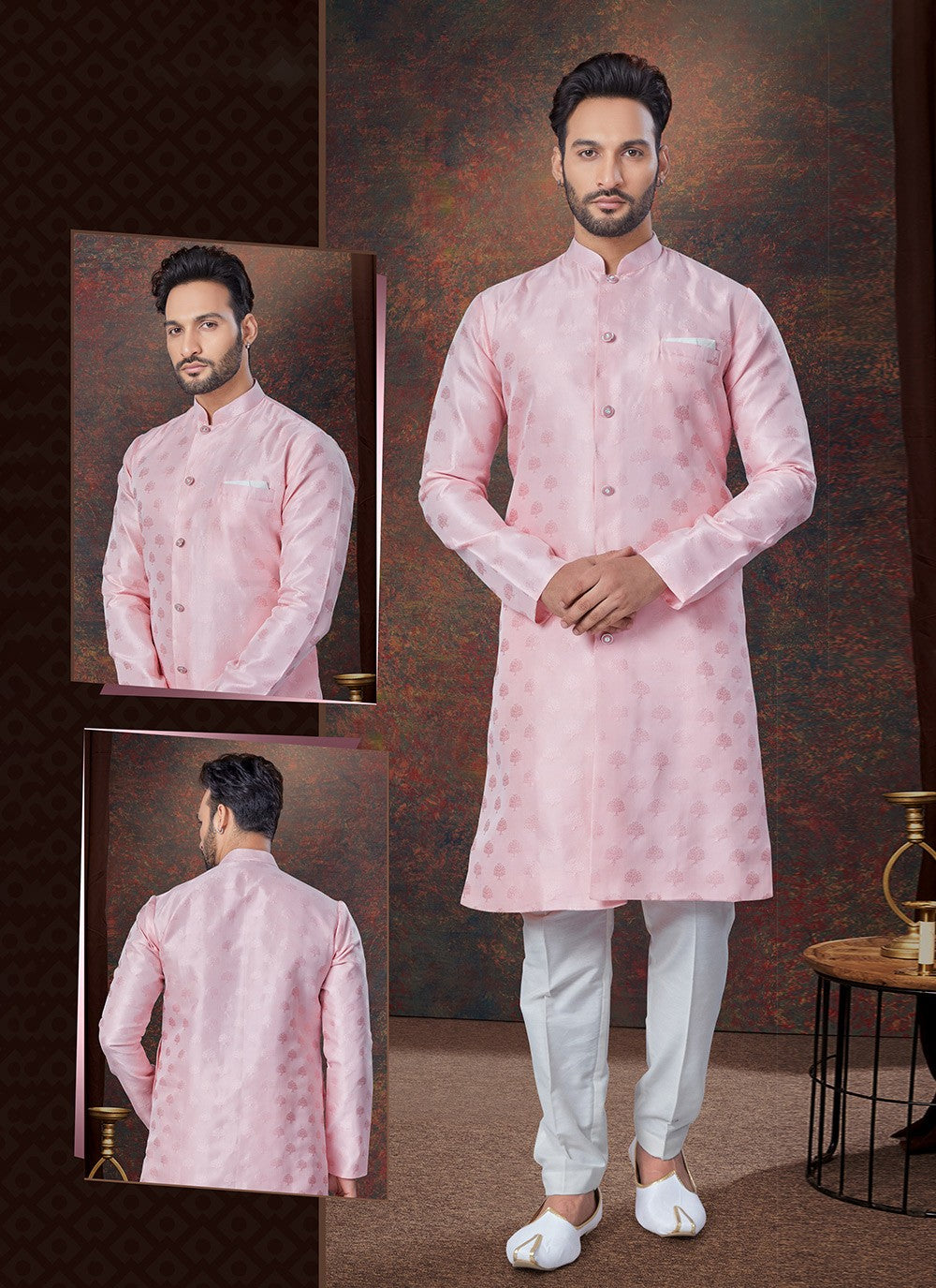 Plain Jacquard Pink Indo Western - M7685