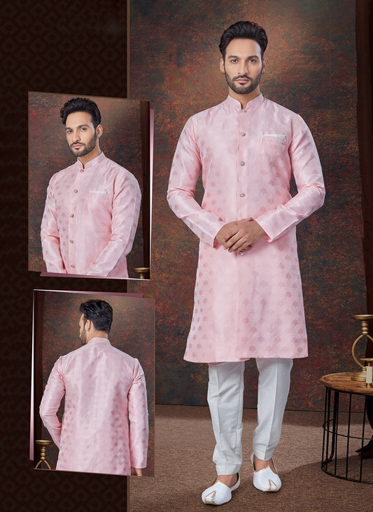 Plain Jacquard Pink Indo Western - M7685