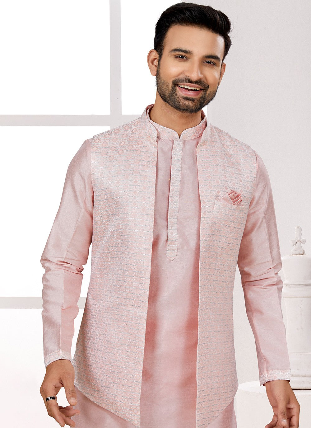 Thread Jacquard Pink Kurta Payjama With Jacket - M6710