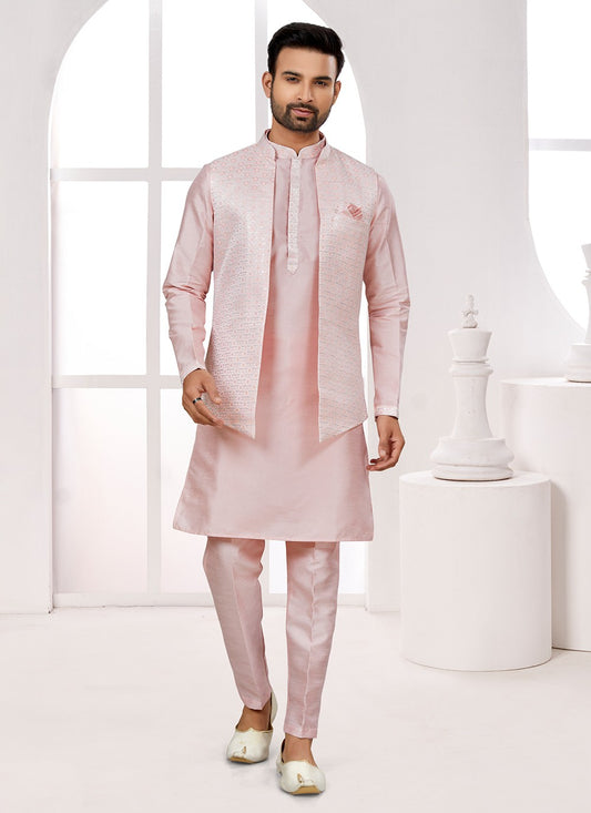 Thread Jacquard Pink Kurta Payjama With Jacket - M6710